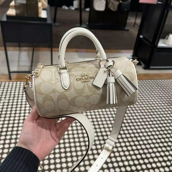 COACH LACEY Top Handle Crossbody Bag Signature Canvas Chalk Khaki Tassel CK689 - Picture 8 of 11